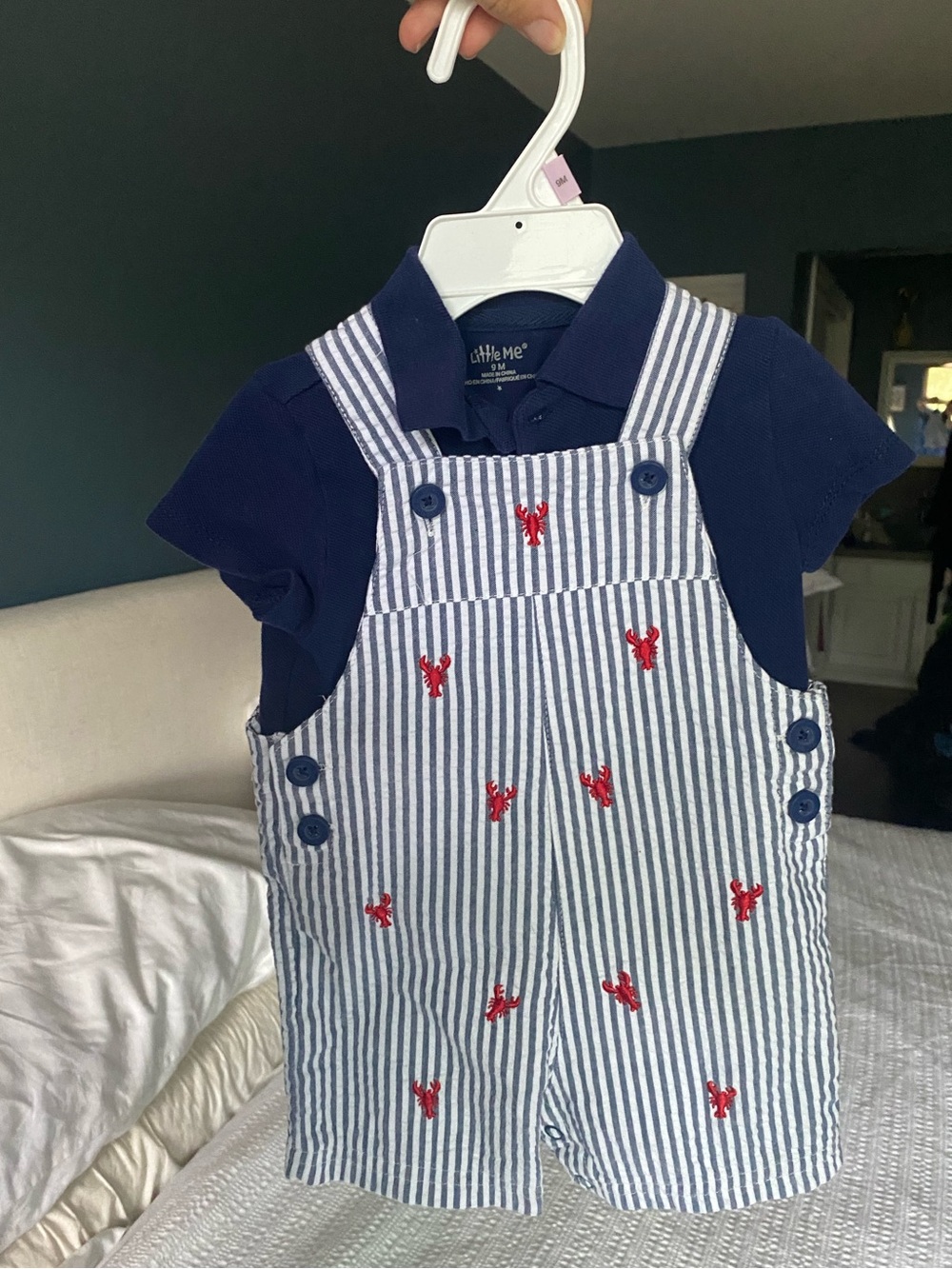 Little Me Navy Polo with Blue-and-White Striped Lobster Shortalls